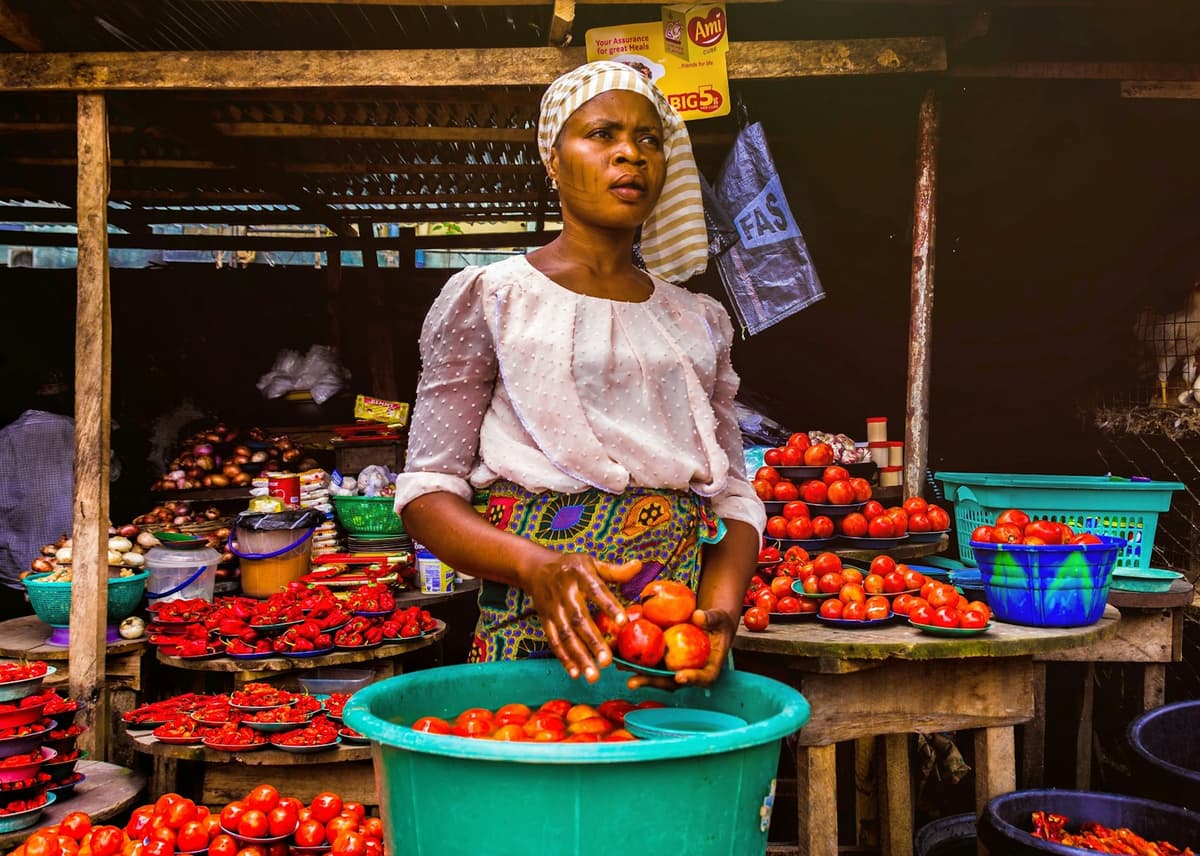 Trader selling tomatoes and peppers at an African produce market